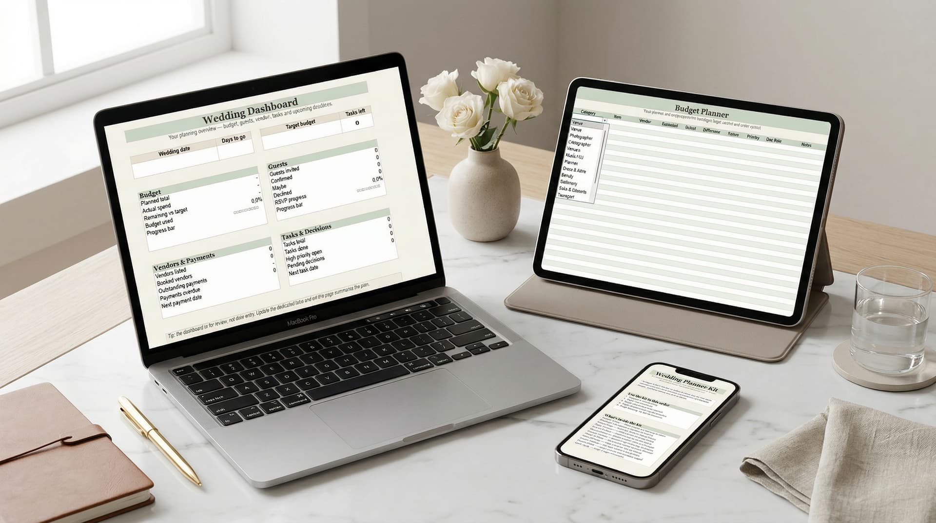 Wedding Planner Kit displayed on laptop, tablet and phone
