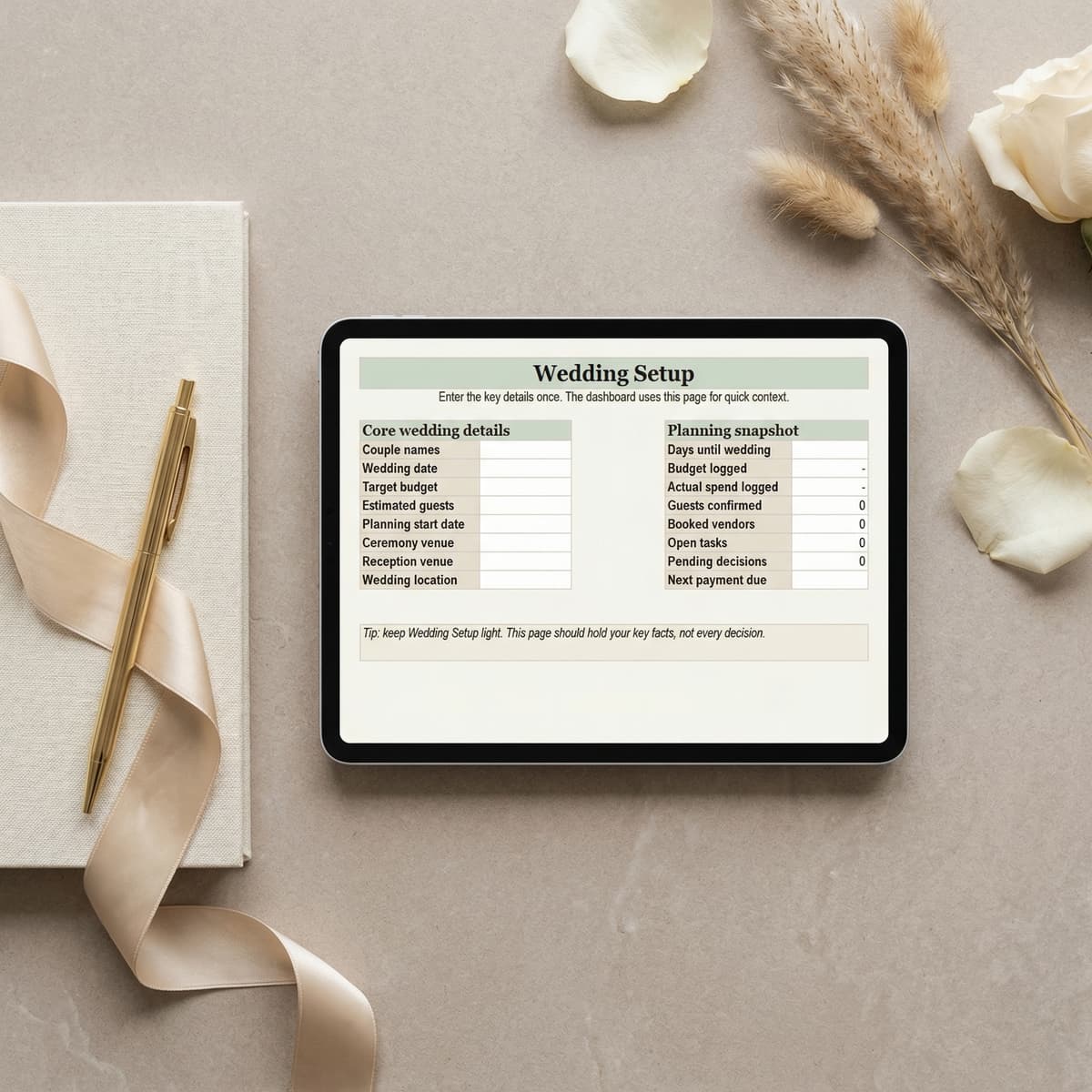Wedding Setup page on tablet