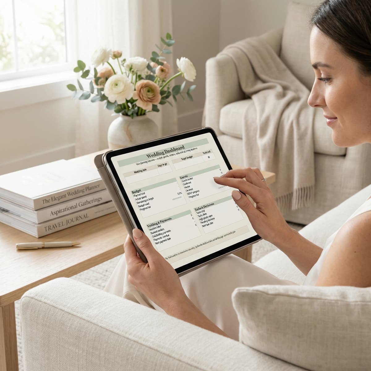 Woman using wedding planner on tablet